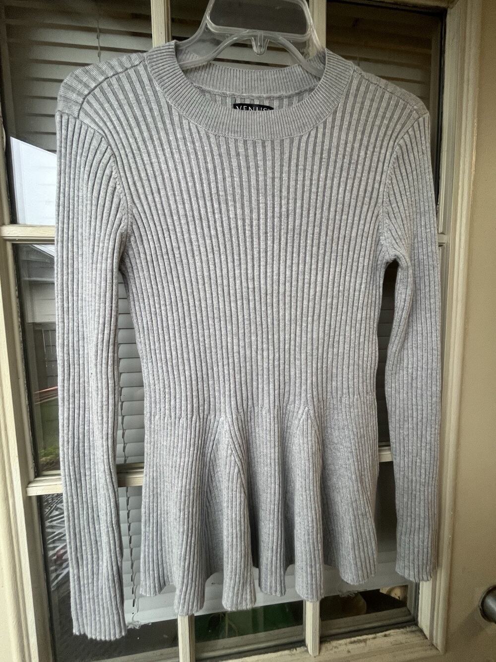 Venus Women’s Ribbed Knit Peplum Sweater Top Long Sleeve Grey Small